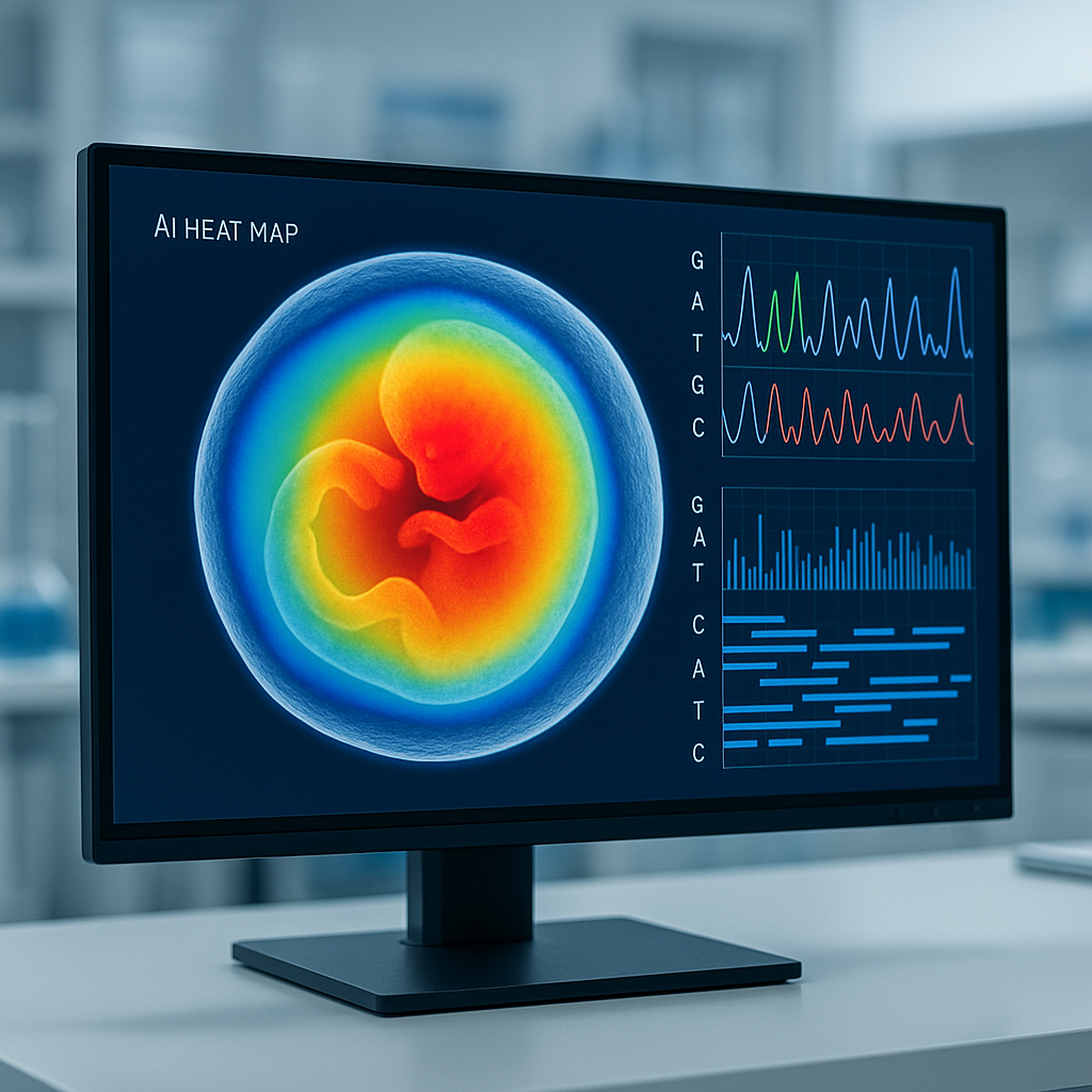 Computer screen with an embryo image overlaid by colorful AI heat-map and genetic data chart