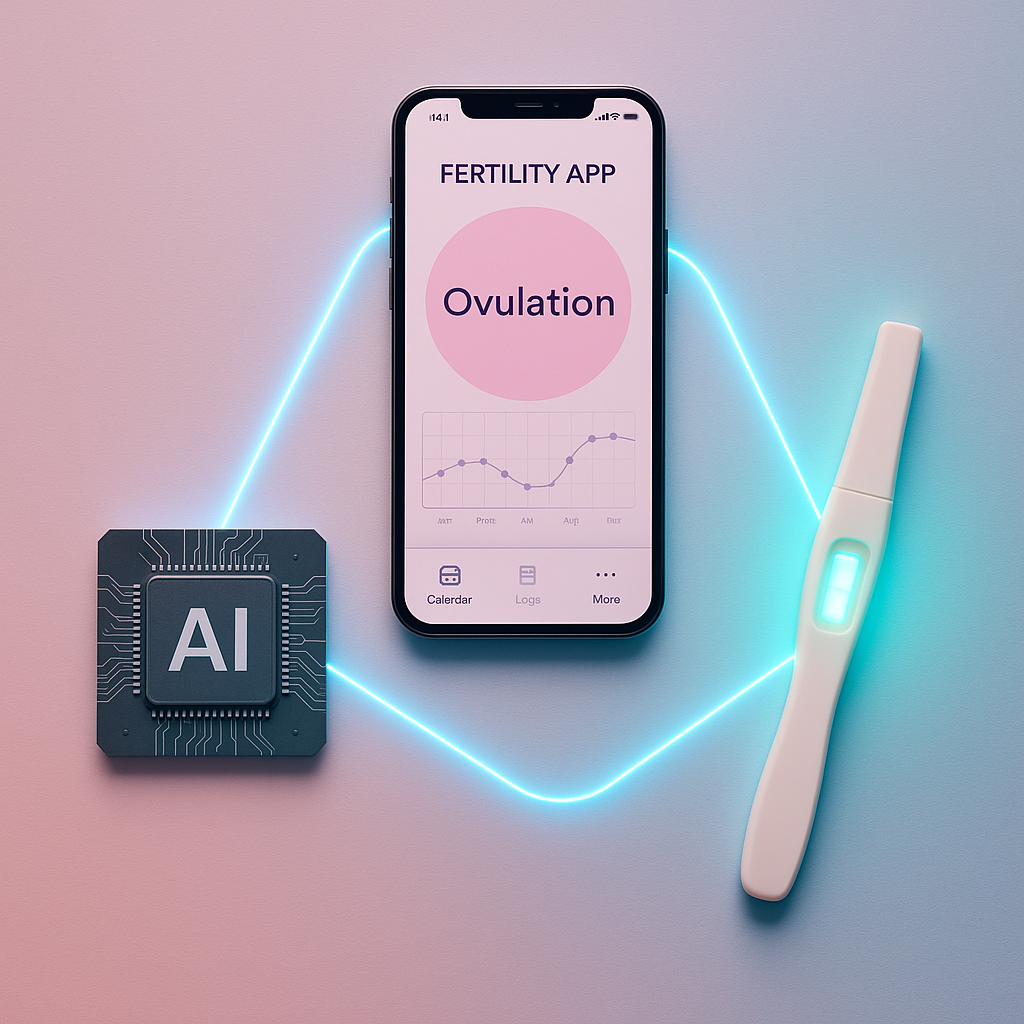 Illustration of AI chip, test strip, and phone forming a triangle