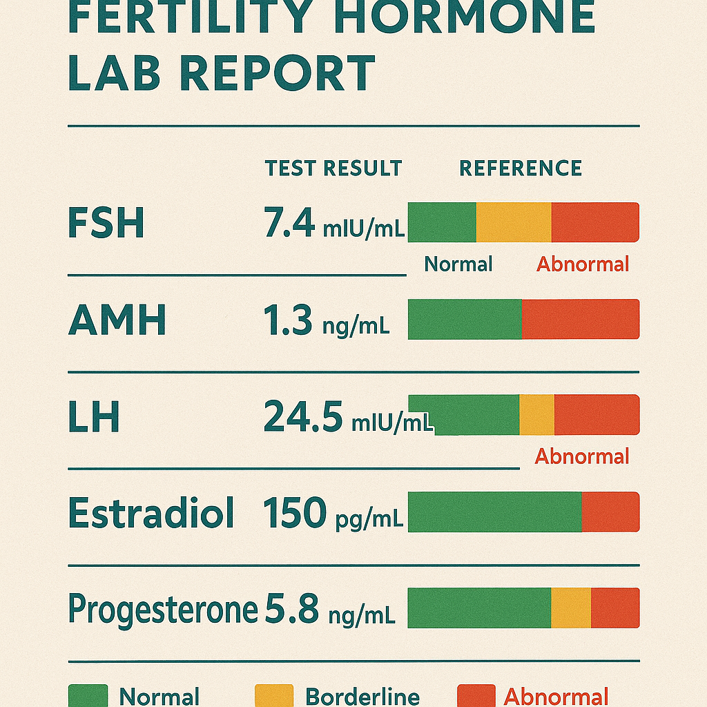 Annotated fertility lab report highlighting green, yellow, and red ranges