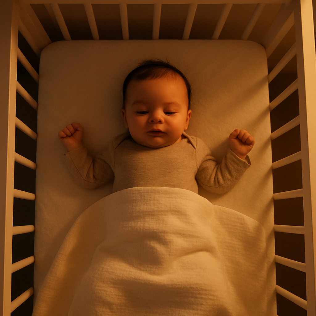 Baby sleeping on back in empty crib