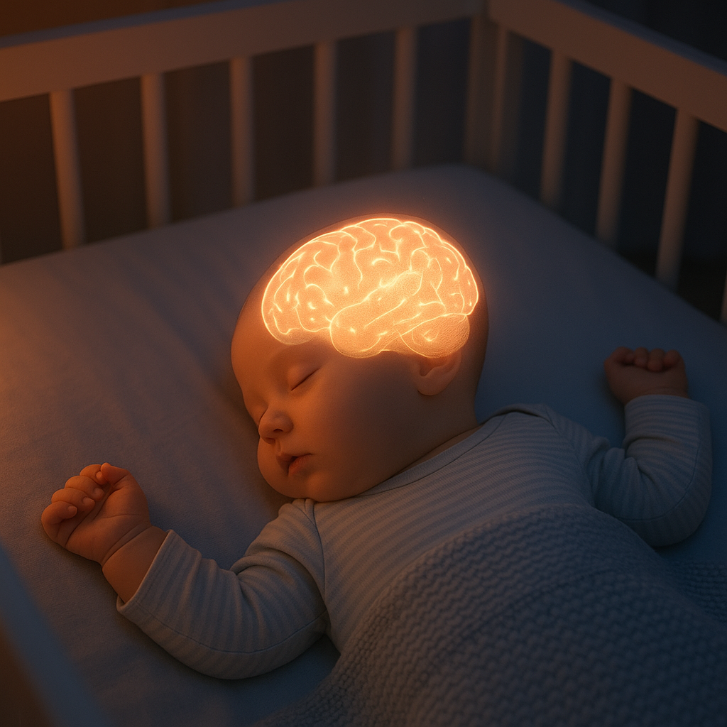 Sleeping baby in crib with semi-transparent brain overlay
