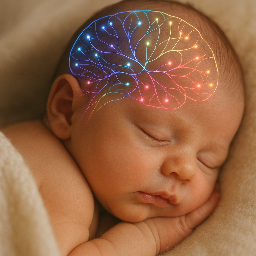 Sleeping newborn with glowing neural pathways