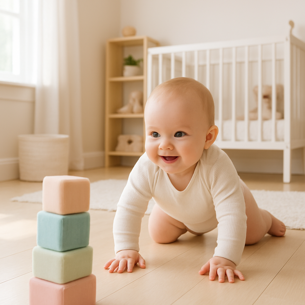 Baby crawling toward colorful blocks