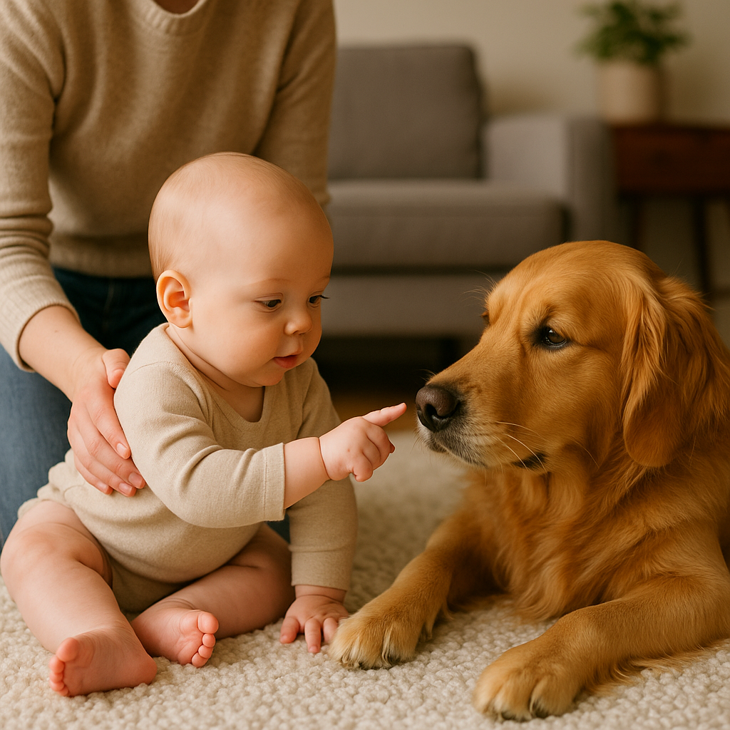 Baby touching dog nose