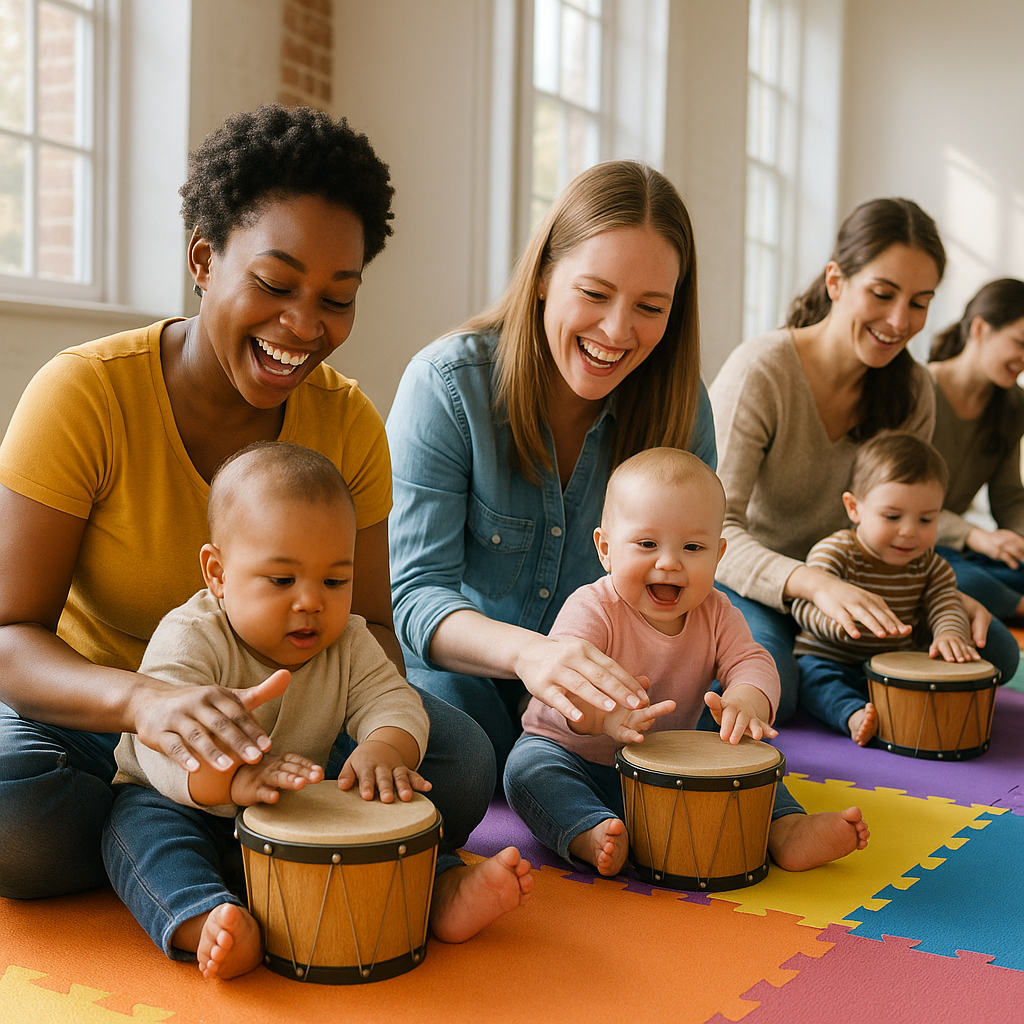 Babies tap small drums with parents in a bright studio