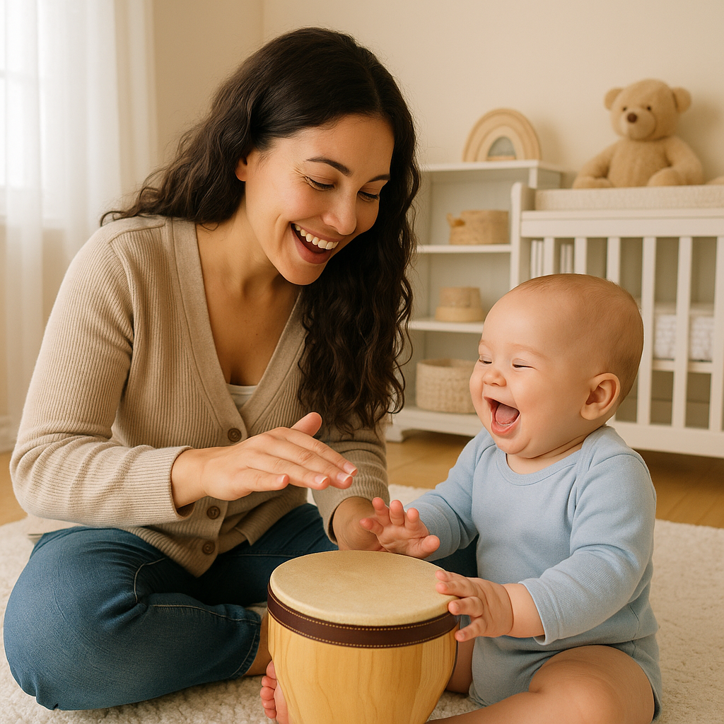 Parent drumming with happy baby