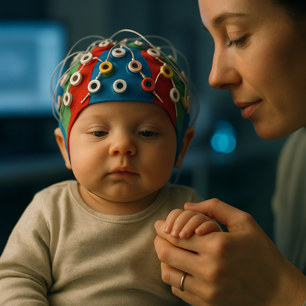 Infant wearing EEG cap while mother offers gentle touch
