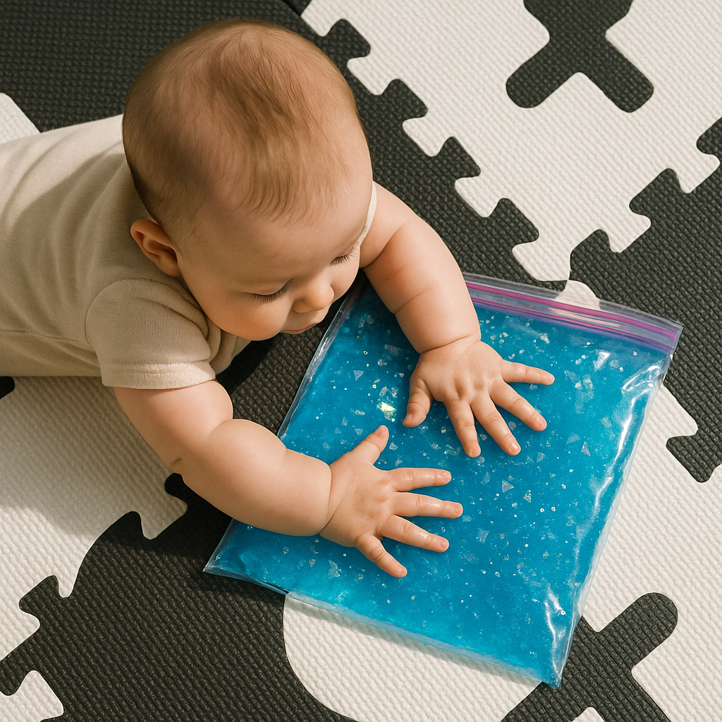 Baby exploring glitter sensory bag