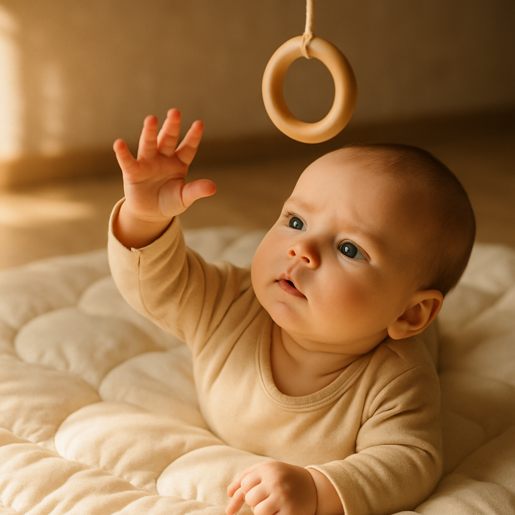 Four-month-old grasping wooden ring