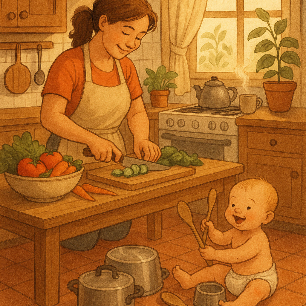 Parent cooking while baby drums on pots