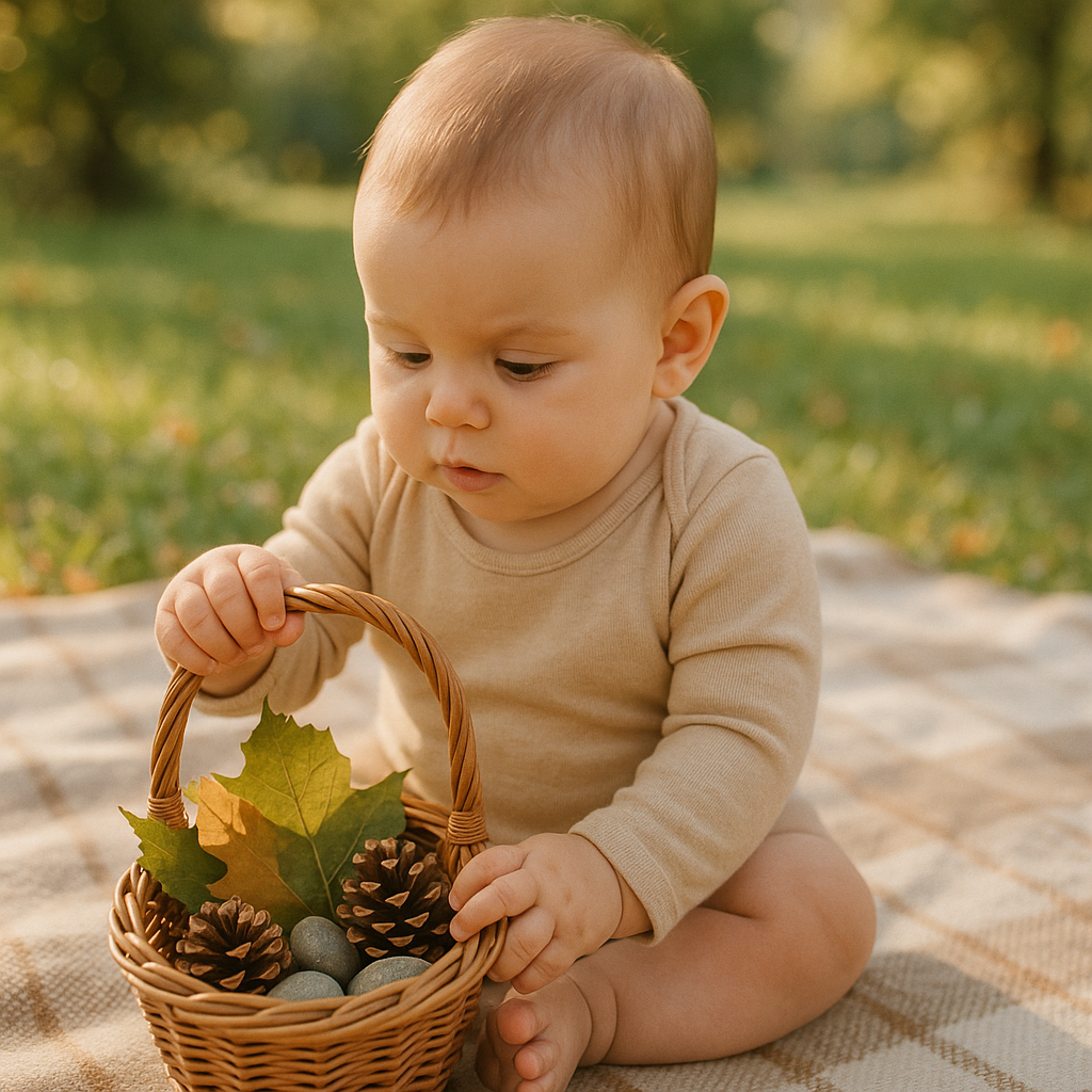 Baby exploring nature basket