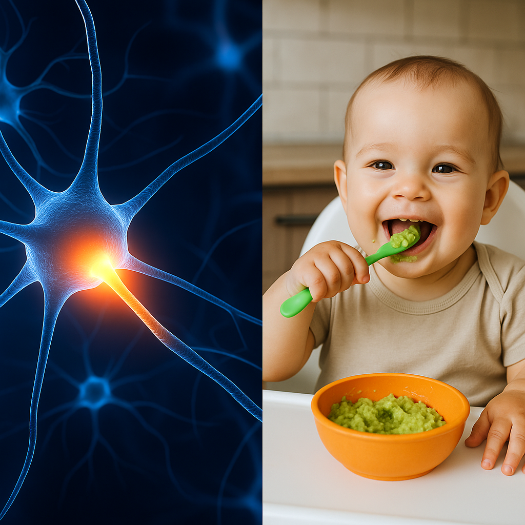 Neuron overlay on baby eating avocado
