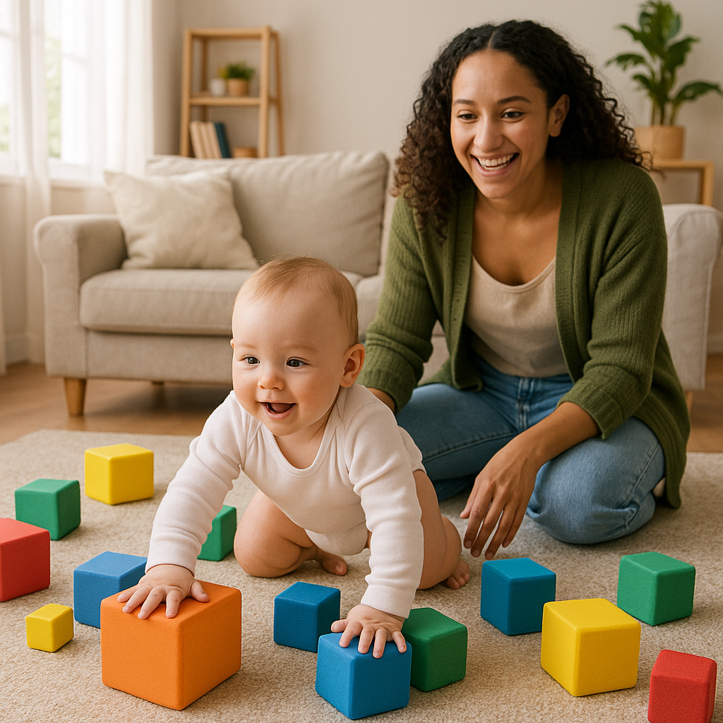 Caregiver guiding baby over soft foam blocks