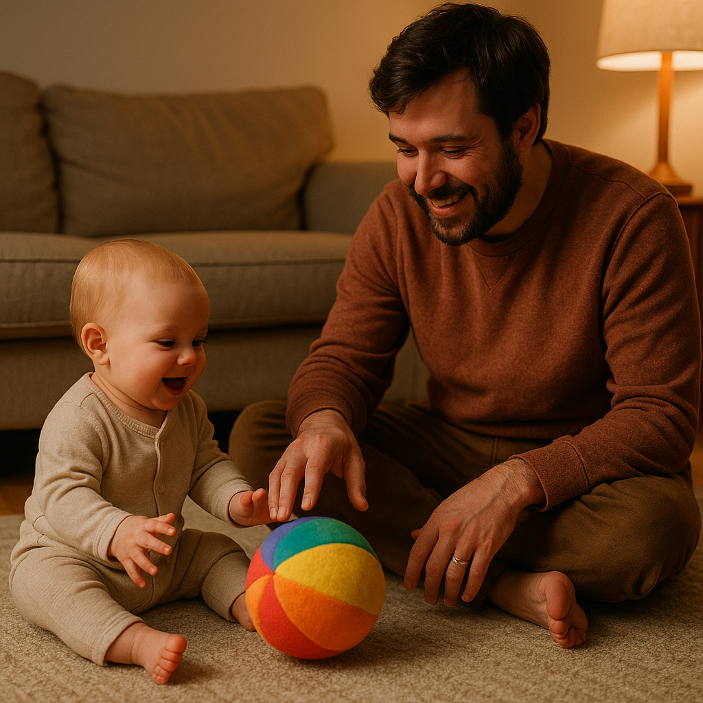 Baby and parent rolling a soft ball