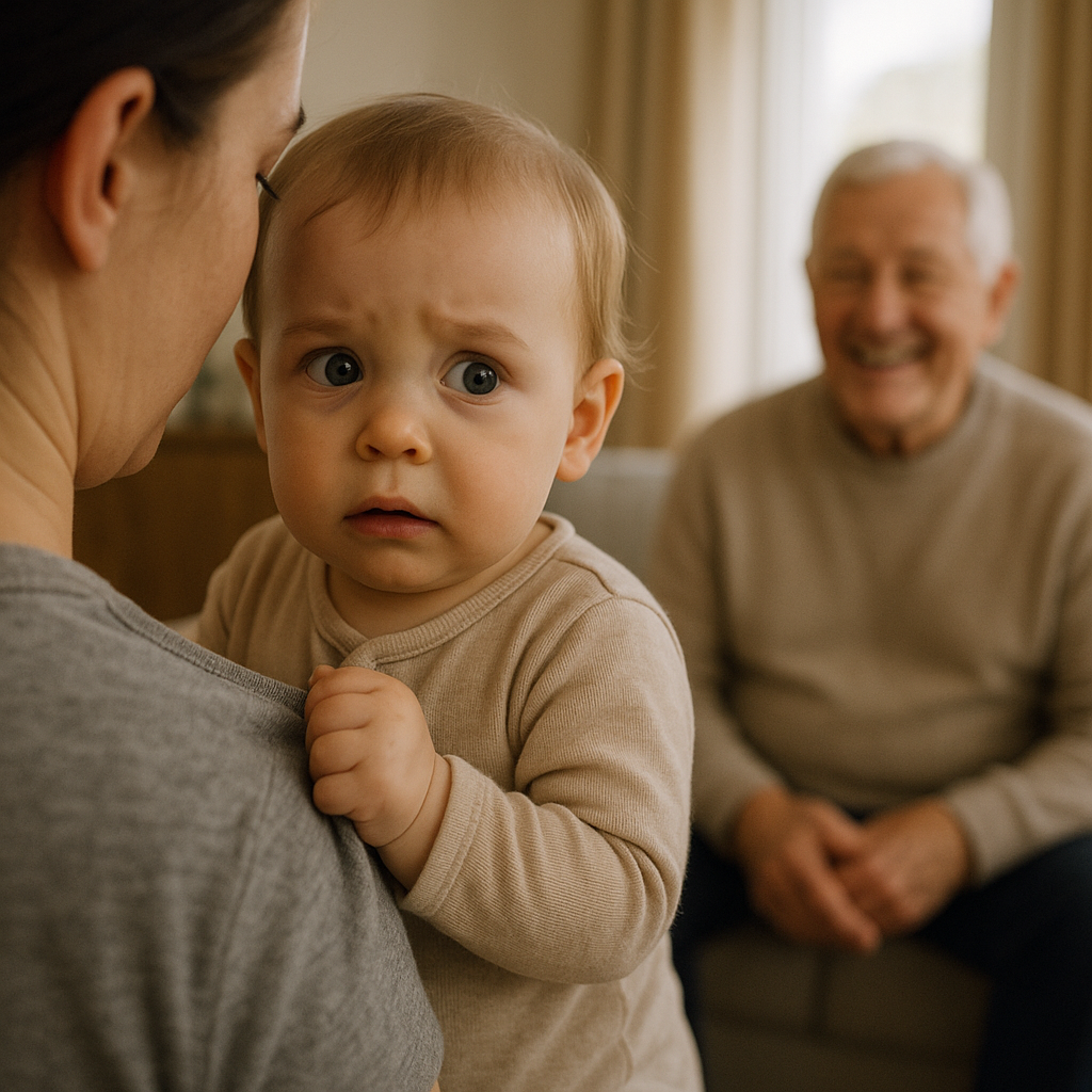 Baby clinging to parent while eyeing a smiling visitor
