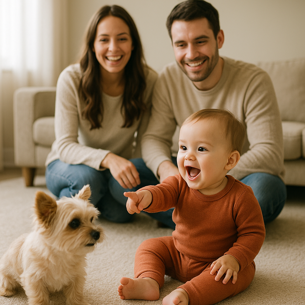 10-month-old baby pointing at family dog