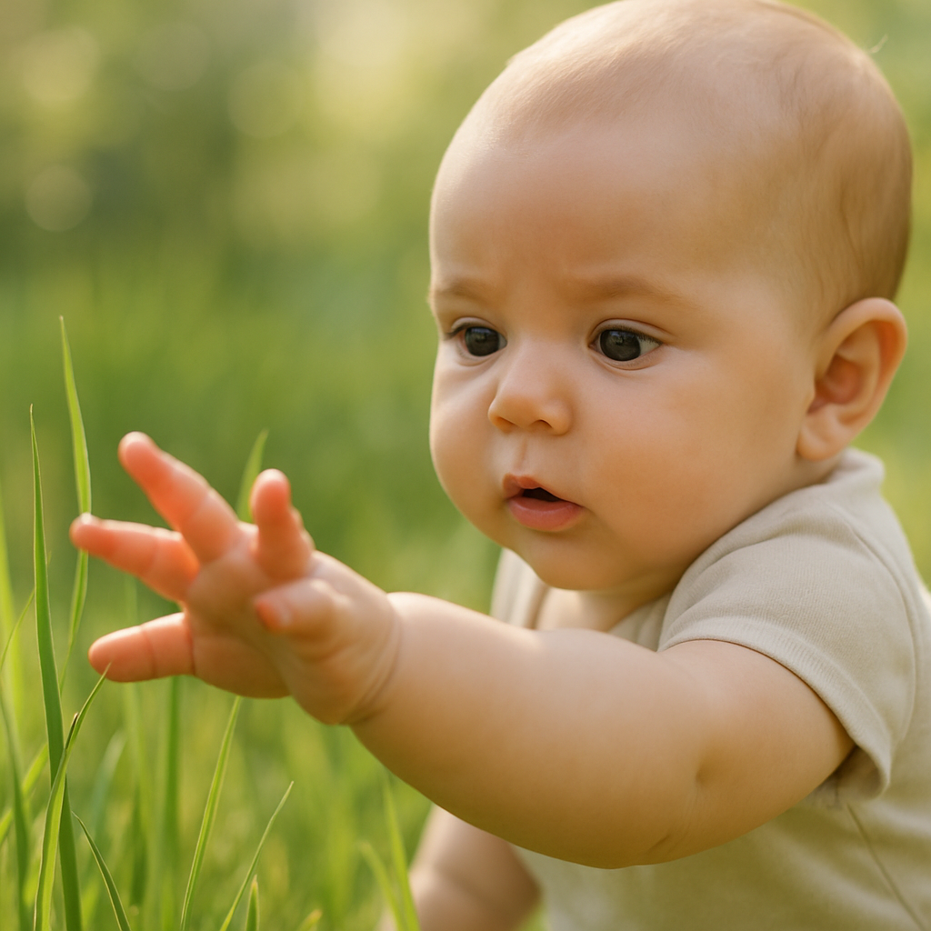 Baby reaching toward bright green grass