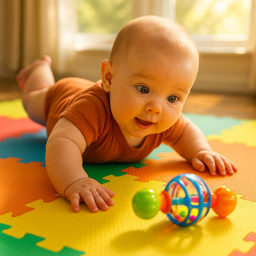 Baby rolling toward colorful rattle