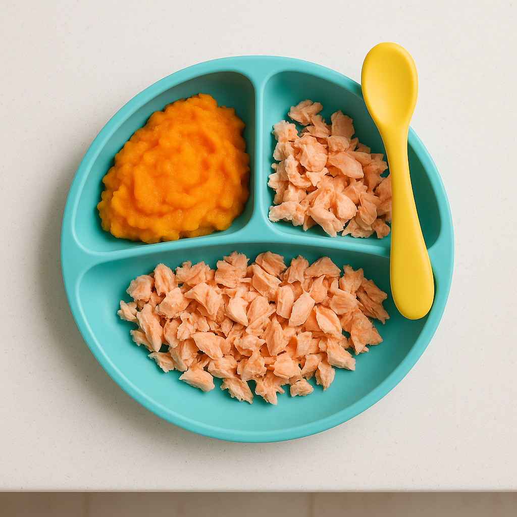 Baby-friendly plate of flaked salmon and mashed sweet potato