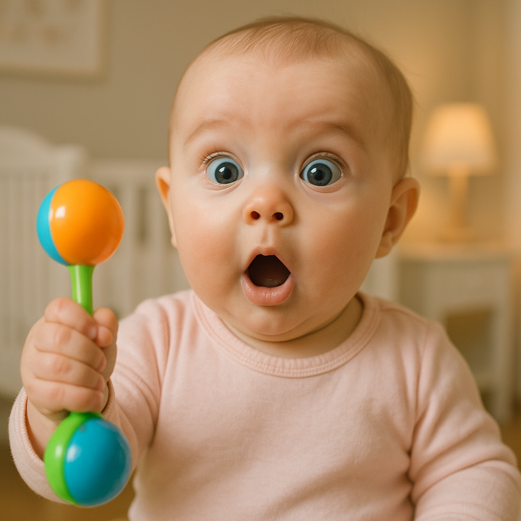 Six-month-old shaking a colorful rattle, eyes wide with surprise