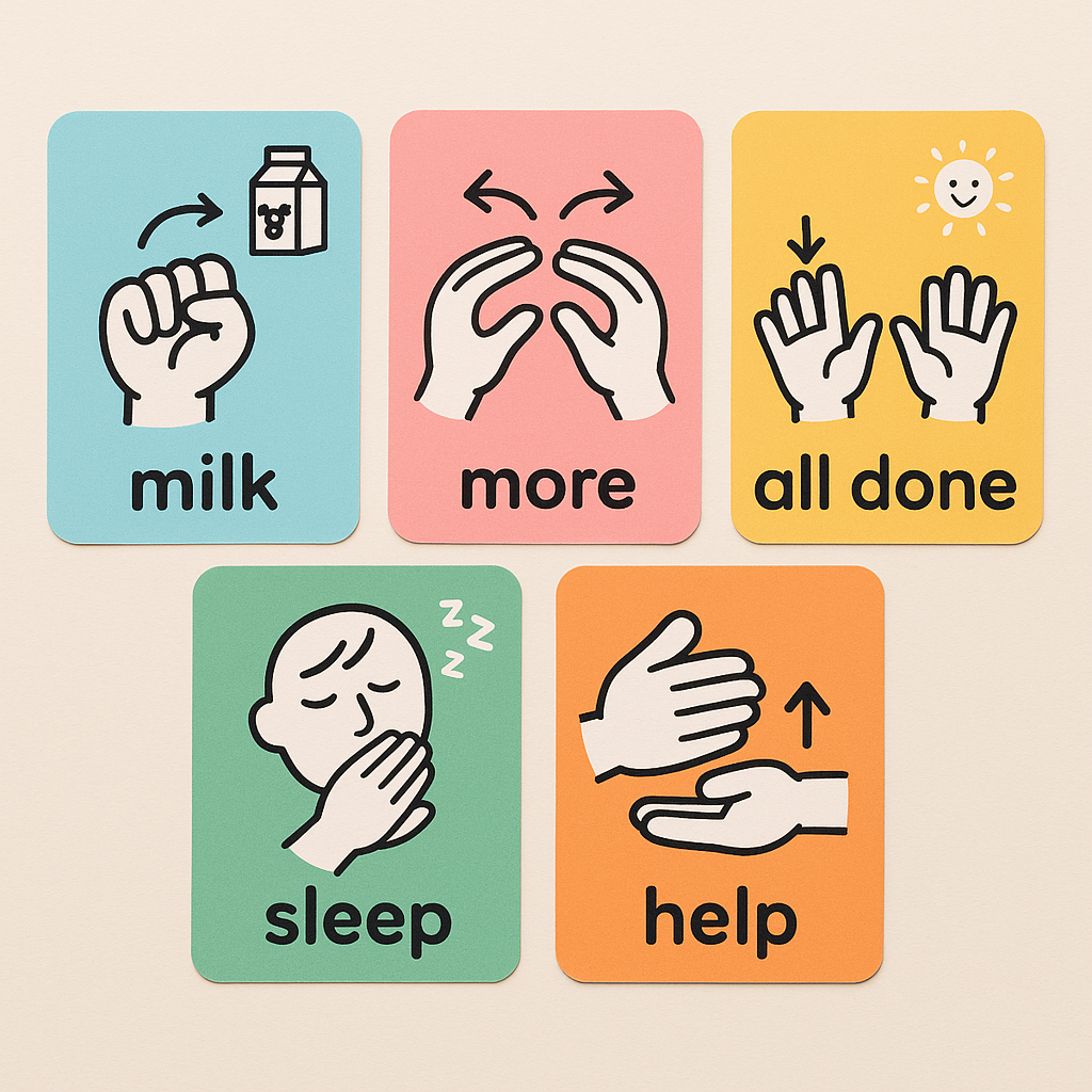 Flashcards of five baby signs