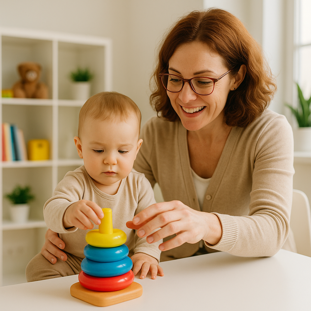 Psychologist guiding baby stacking rings