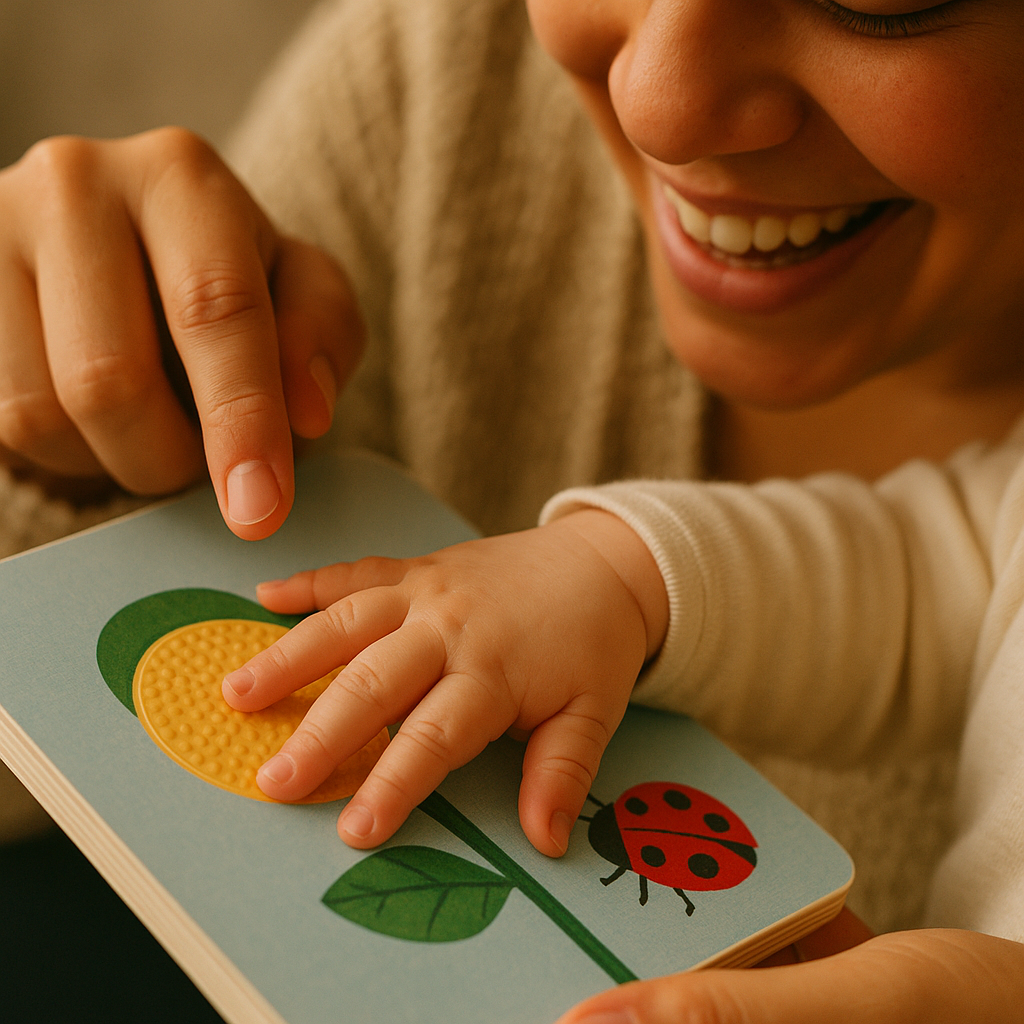 Baby touching textured page while parent names object