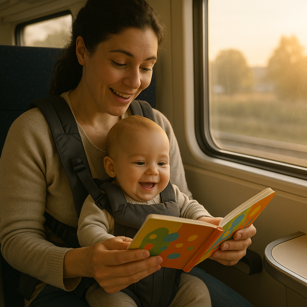 Parent reading board book on commuter train with baby in carrier
