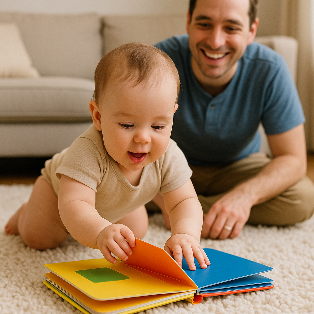 Baby turning pages of board book independently