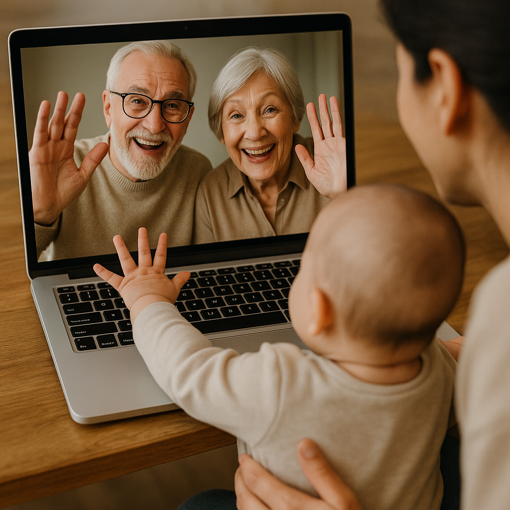 Baby video chatting with grandparents