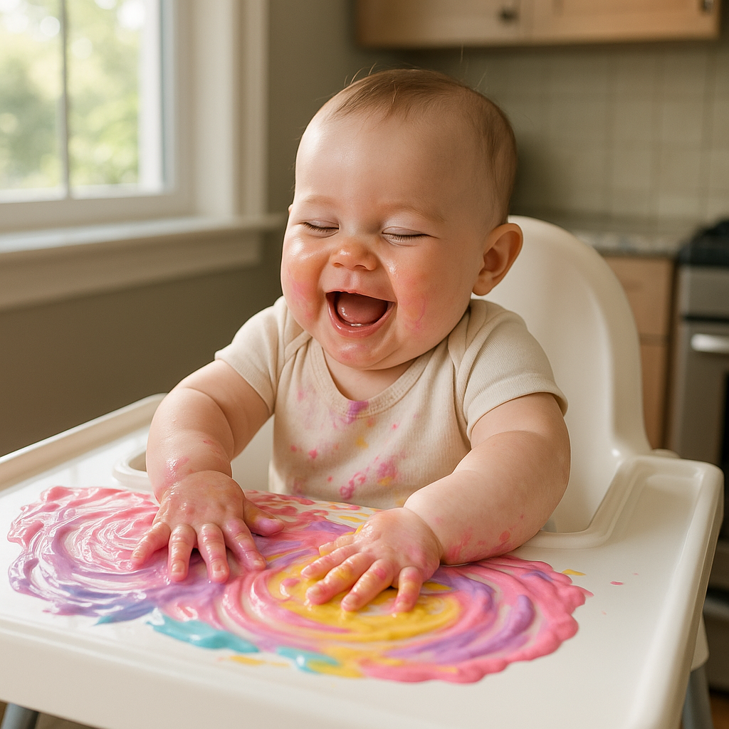 6-month-old squeezing colored yogurt