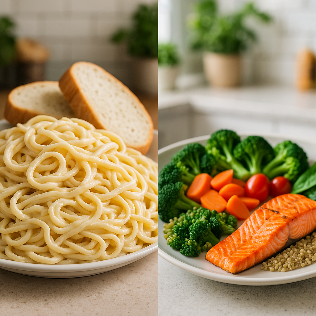 Side-by-side plates: one overflowing with pasta, one balanced with veggies, salmon, quinoa