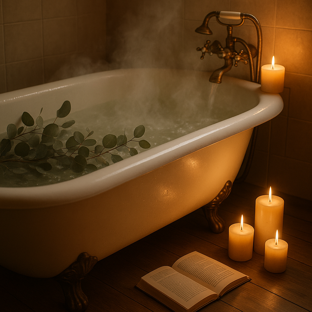 Bath with candles and book