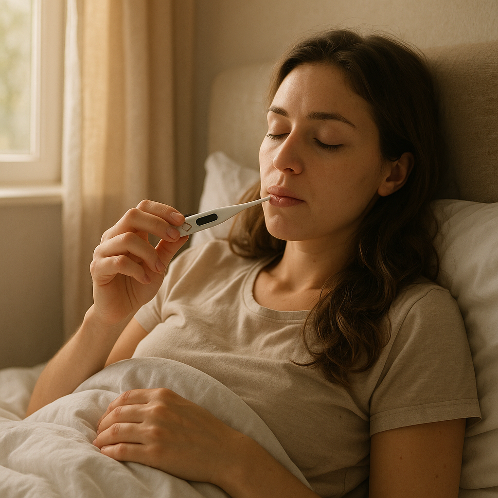 Woman taking temperature in bed at sunrise