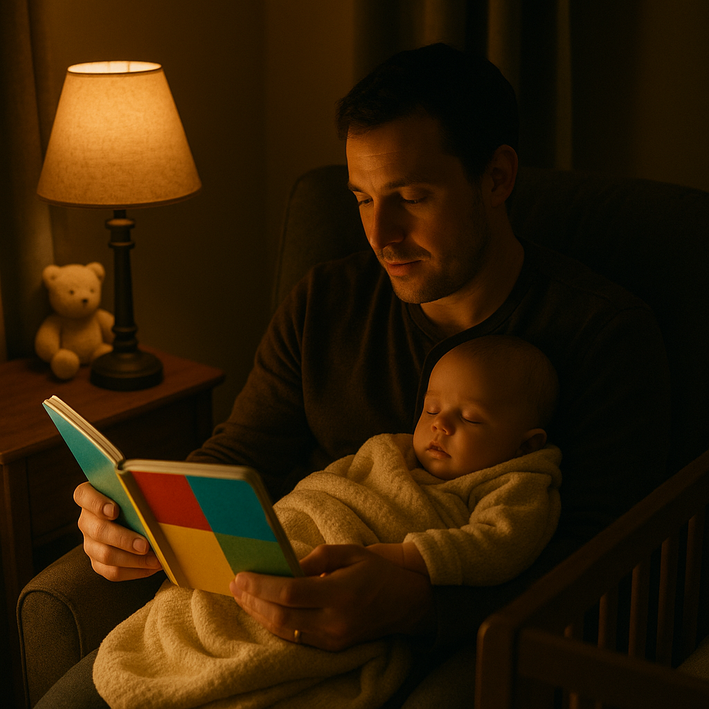 Parent reading board book during bedtime snuggle