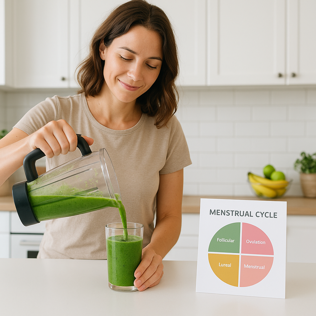 Woman blending green smoothie beside a simple cycle wheel