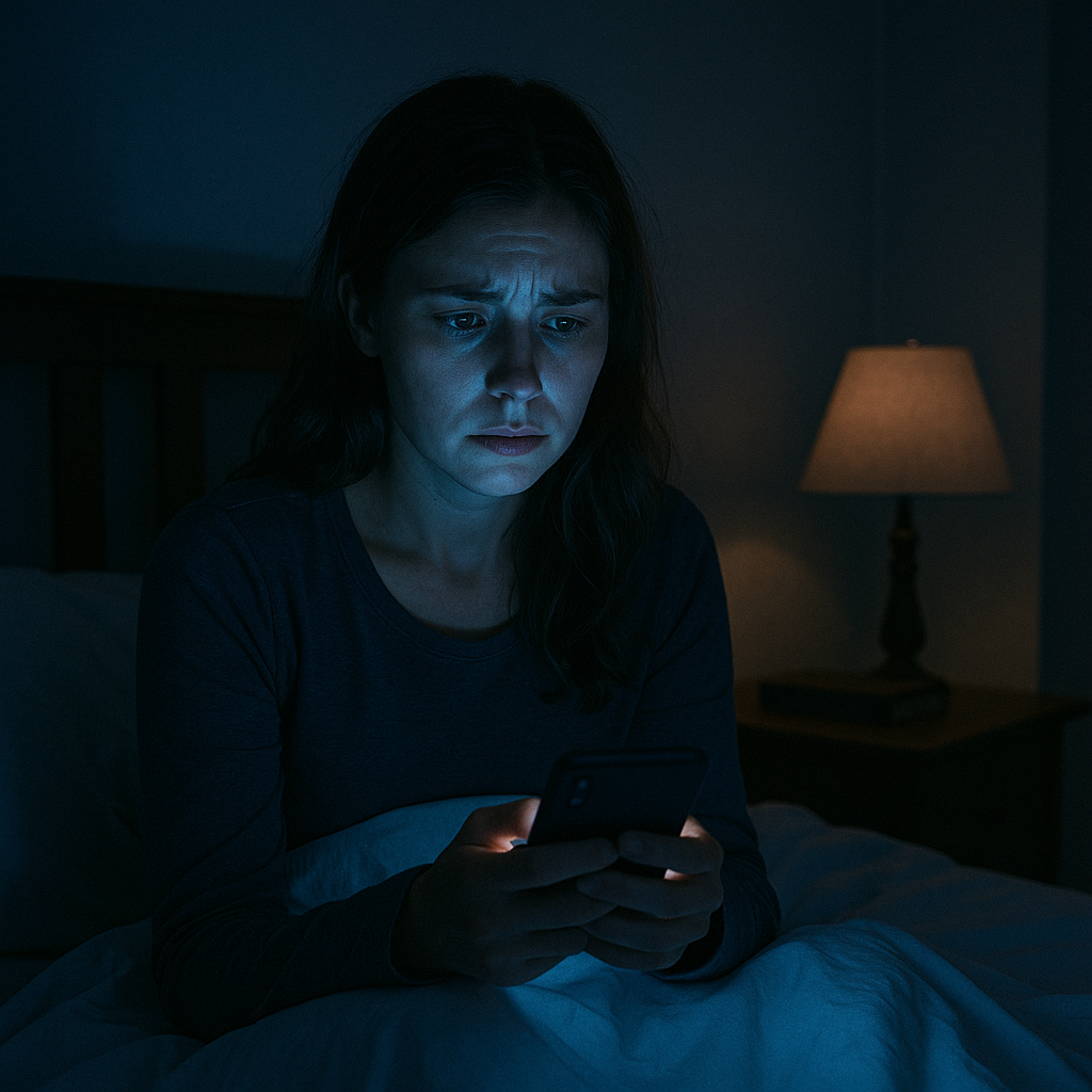 Woman checking phone in dark bedroom