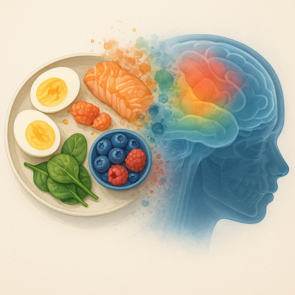 Colorful foods morphing into brain scan