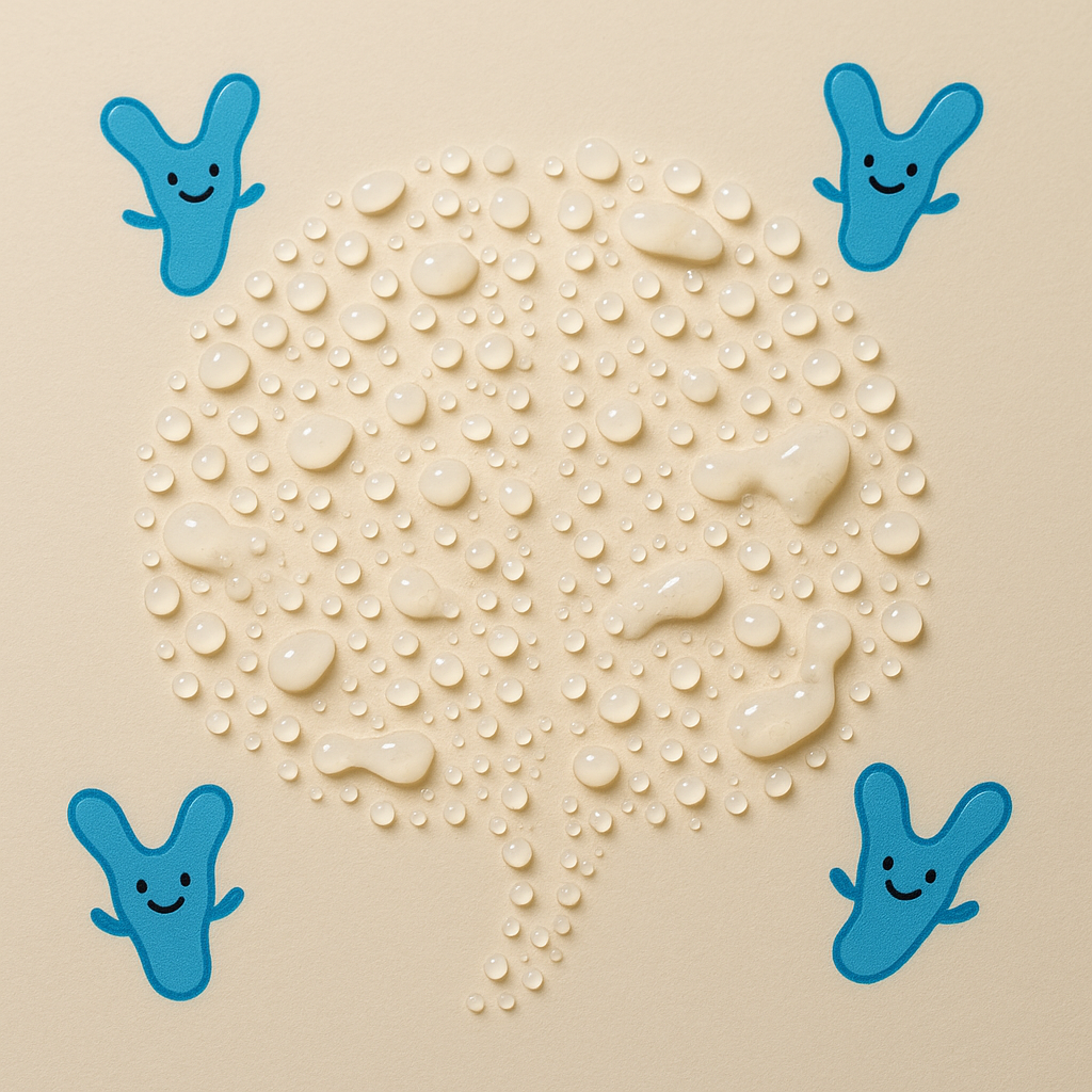 Breast milk droplets forming a brain shape surrounded by cartoon Bifidobacteria