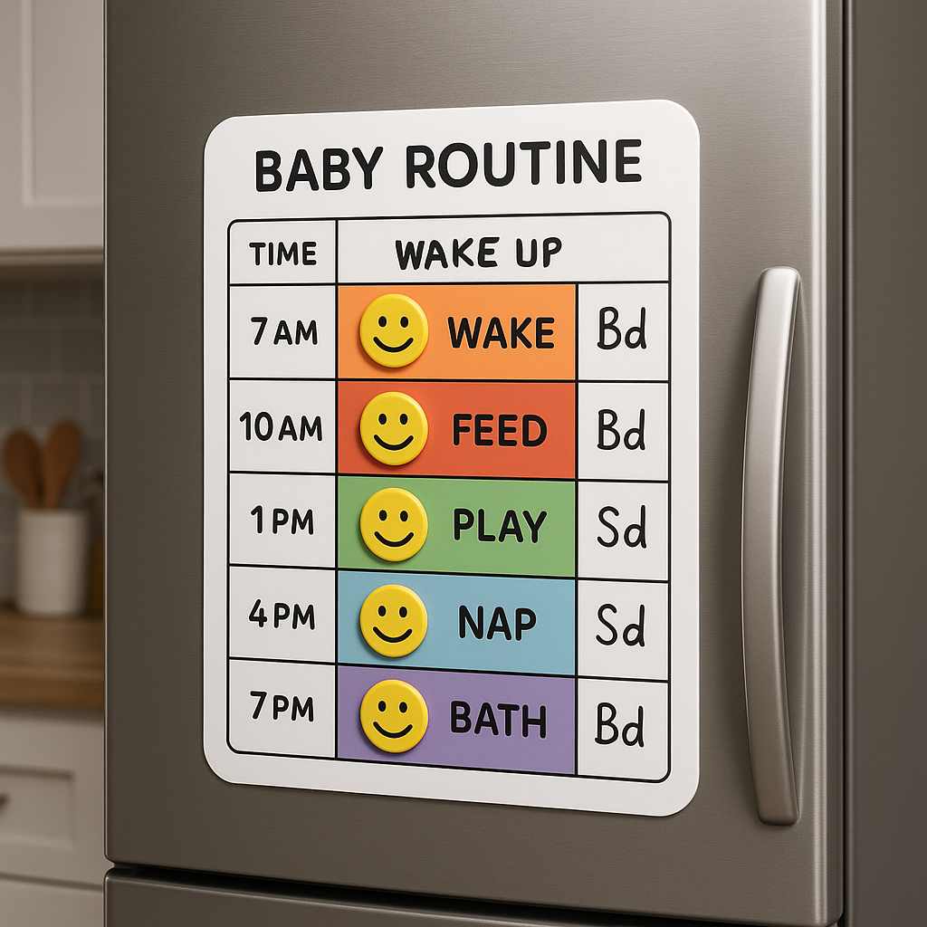 Magnetic fridge chart with color-coded baby routine and caregiver initials