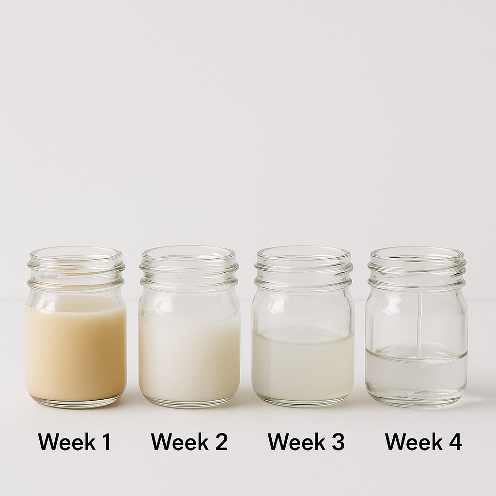 Four jars of gel showing weekly cervical mucus textures