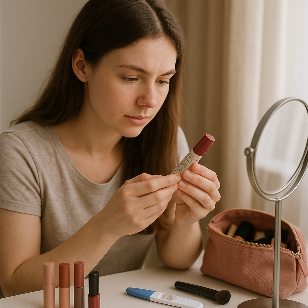 Woman checking lipstick label next to pregnancy test
