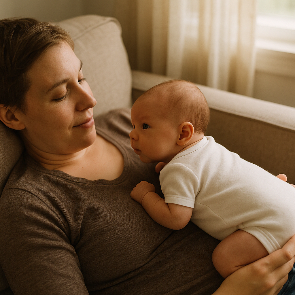 Newborn enjoying chest-to-chest tummy time