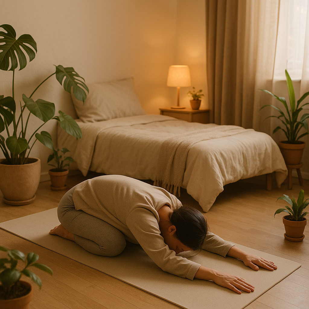 Woman in child’s pose on a mat surrounded by houseplants
