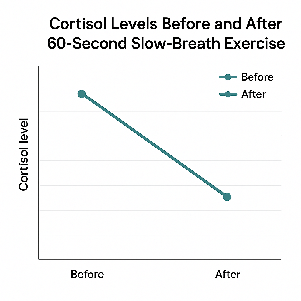 Line graph showing a 15% cortisol drop after 60 seconds of slow breathing