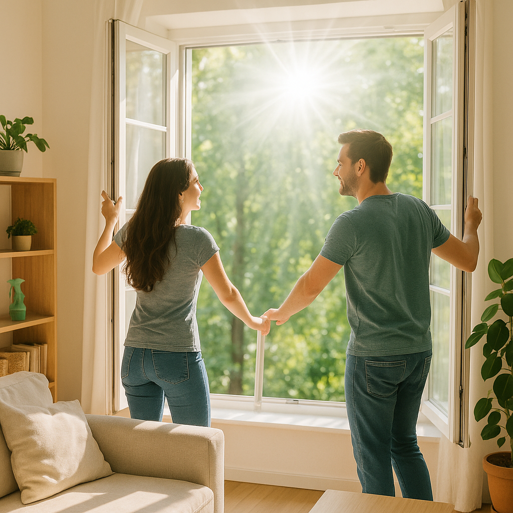 Couple airing out a living room after cleaning