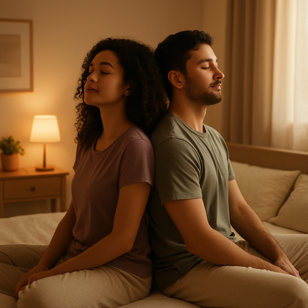 Couple sitting back to back practicing slow breathing in a dim bedroom