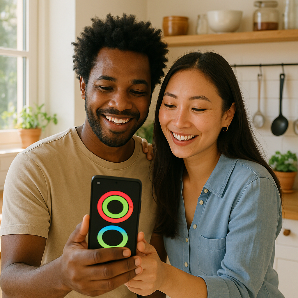 Couple comparing wearable data on a phone in their kitchen