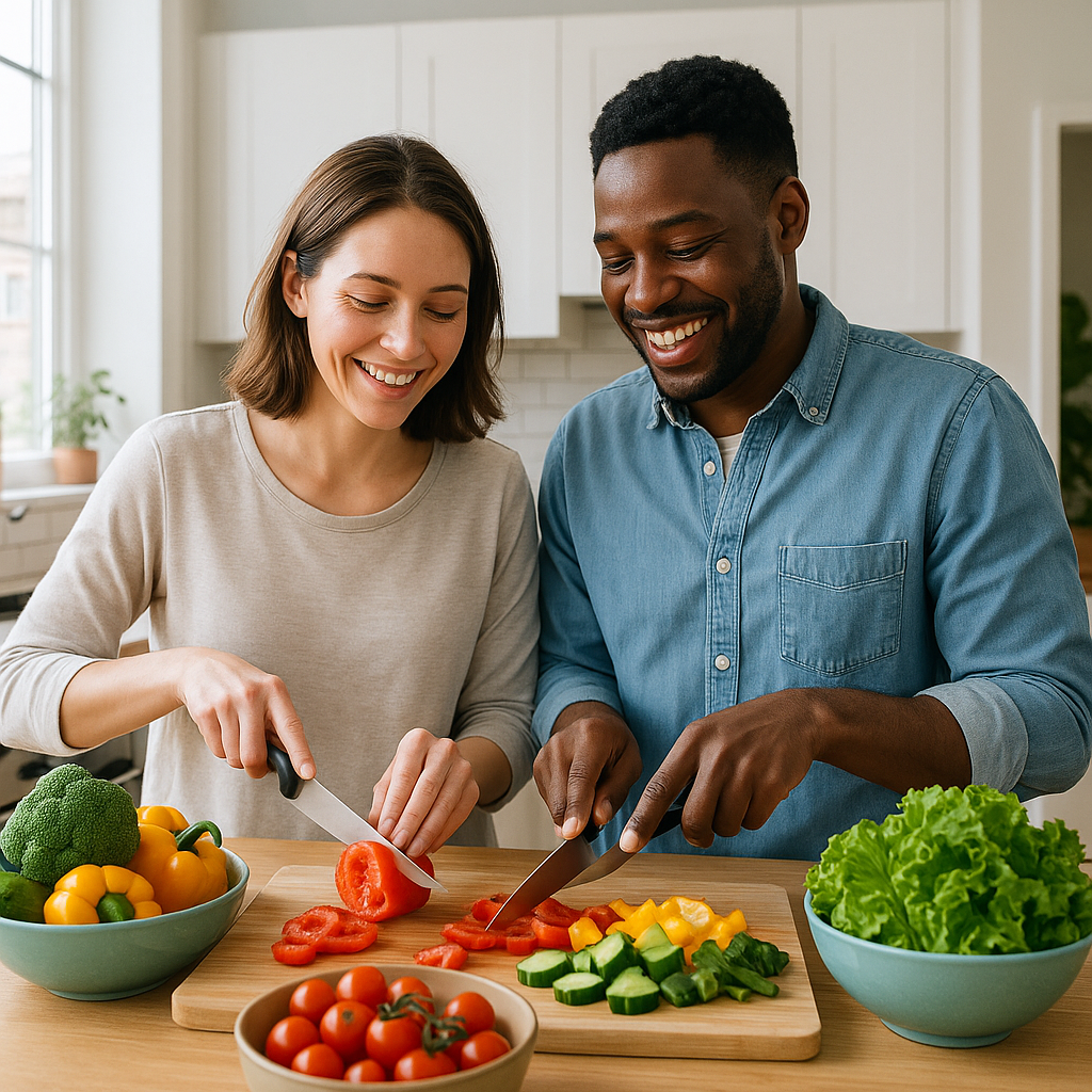 Couple chopping colorful vegetables in a bright kitchen