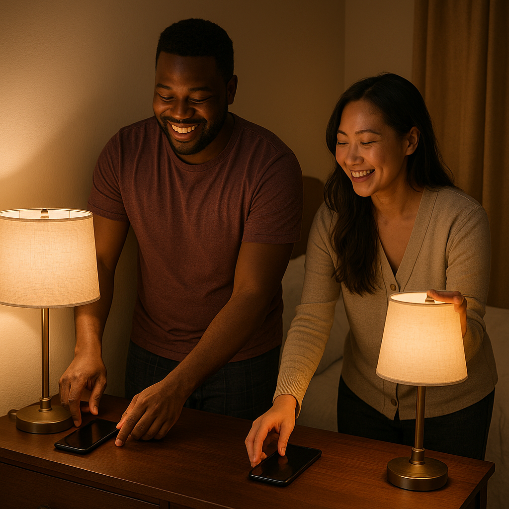 Couple turning off bedside lamps at 10 pm